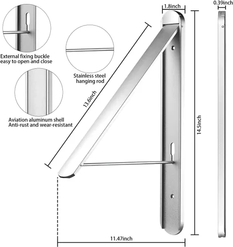 Miniatura 6 de Tendedero de ropa para lavanderías pequeñas, tendedero plegable para interiores, para colgar en la pared, plegable, (aluminio, plateado)