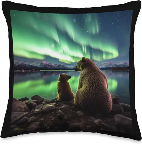 Alaska Aurora Borealis Travel Souvenirs Studio Alaska Northern Lights with Bears Vacay - Almohada para camping, senderismo, 16 x 16 pulgadas,