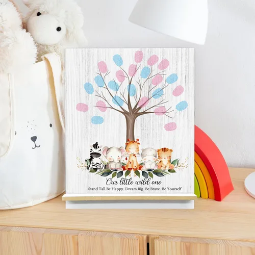 Miniatura 4 de Xendelow Cartel de árbol de huellas dactilares de animales de la selva Our Little Wild One, juegos de revelación de género para invitados, ideas