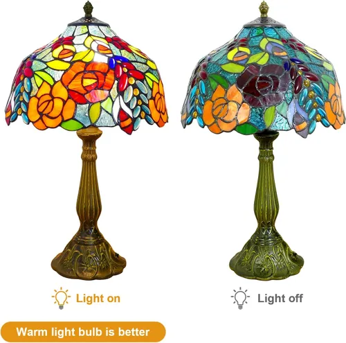 Miniatura 5 de Tiffany - Lámpara de mesa estilo rosas multicolor, lámpara de mesa con vitrales de 12 pulgadas de alto de 19 pulgadas, mesita de noche, mesita