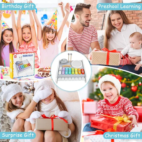 Miniatura 7 de Juego de instrumentos musicales para niños, batería de piano - Juguetes Montessori 5 en 1 para bebés pequeños, kit de música de madera con teclado