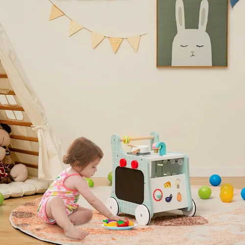 Miniatura 8 de HONEY JOY Andador de empuje para bebés, centro de actividades de madera 6 en 1 con clasificador de formas y pizarra, desarrolla habilidades motoras