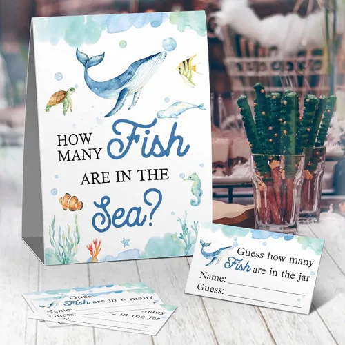 Miniatura 2 de Guess How Many Fish in the Sea Mermaid Party Game ,How Many Candy Sharks Game， Watercolor Ocean Themed Baby Showers Decorations Game(1 Sign+50