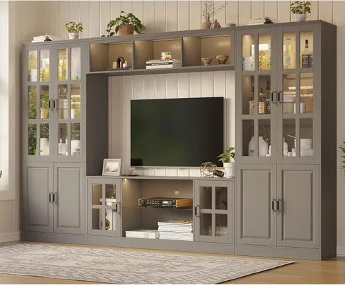 Miniatura 18 de MEISSALIVVE Mueble de pared con almacenamiento y luces LED, gran centro de entretenimiento con estanterías para televisores de hasta 70 pulgadas