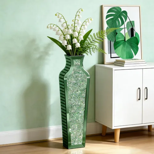 Miniatura 10 de SHYFOY Jarrón de piso de diamante triturado azul, grandes jarrones altos con espejo para piso, modernos jarrones decorativos de vidrio para sala