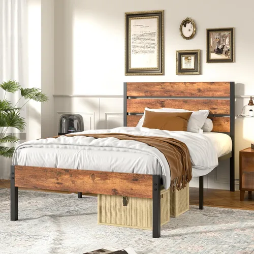 Miniatura 4 de VECELO Base de cama tamaño individual, plataforma de metal resistente con cabecera de madera, no necesita somier, color marrón antiguo