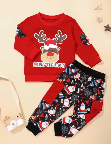 Miniatura 6 de MIGU Conjunto de 2 piezas de pantalones largos de manga larga con ciervos navideños para niño pequeño