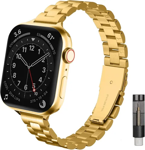 Miniatura 8 de Correas de metal delgadas y sólidas compatibles con Apple Watch Band Series 9 8 7 6 5 4 3 2 1 SE Ultra, 1.496 pulgadas, 1.575 pulgadas, 1.614 Oro