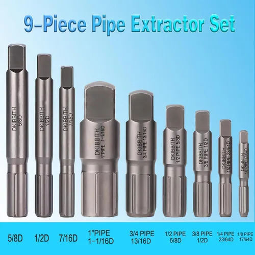 Miniatura 2 de Juego de extractor de tuberías, 9 piezas de extractores de tubos rotos de acero resistente para quitar tubos roscados dañados y accesorios de 1/8" a