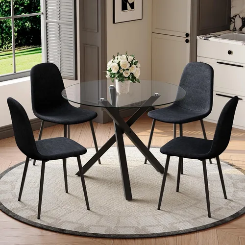 Miniatura 16 de Juego de mesa de comedor redonda para 6, juego de mesa de comedor de vidrio de 39 pulgadas con base de metal ajustable dorada en forma de X y 6