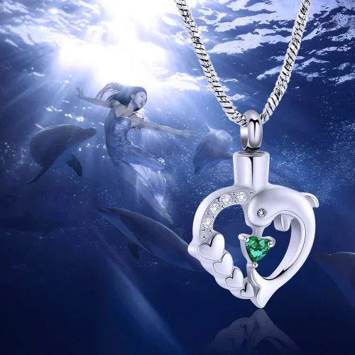 Miniatura 2 de Yinplsmemory Collar de urna de corazón de delfín para cenizas para mujer, colgante de urna de corazón de cristal, collar de recuerdo de cenizas