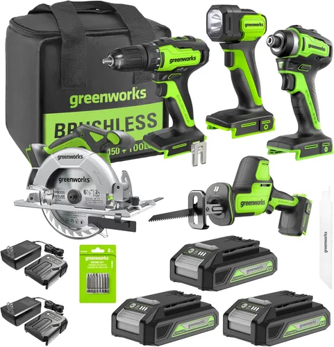 Miniatura 19 de Greenworks - Taladro de impacto inalámbrico de 24 V y kit de luz de trabajo 2 en 1 con 2 baterías de 2 Ah y cargador – Sin escobillas, liviano