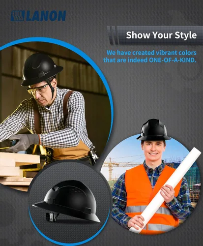Miniatura 4 de LANON Casco Duro Negro de Ala Completa, Aprobado por OSHA para Trabajo de Construcción, Casco de Seguridad HDPE con Suspensión de Trinquete