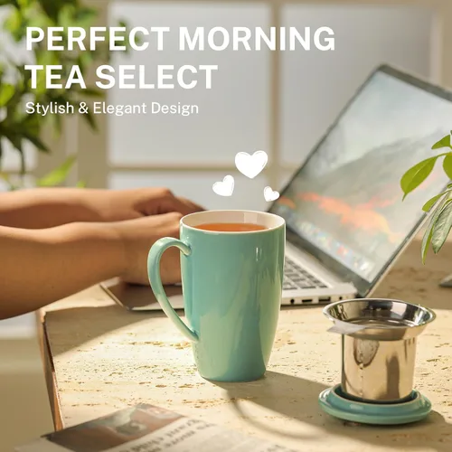 Miniatura 4 de Sweese Taza de té de porcelana de 15 onzas con infusor y tapa, apta para microondas, mango ergonómico, esmalte sin plomo, para té de hojas sueltas