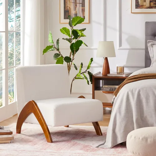 Miniatura 3 de Silla decorativa de gran tamaño, tapizada sin brazos de mediados de siglo, moderna silla de sala de estar con patas de madera para dormitorio, Crema