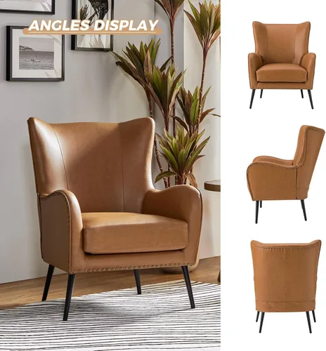 Miniatura 8 de HULALA HOME Silla decorativa de piel sintética con cojín extraíble, cómodo sillón tapizado con patas de metal negro y ribete de cabeza de clavo