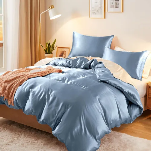 Miniatura 10 de Vonty Juego de Funda de Edredón de Satén Sedoso de 3 Piezas Tamaño Full/Queen, Juego de Funda de Edredón Beige Natural Orgánico 400TC - Ropa de Cama