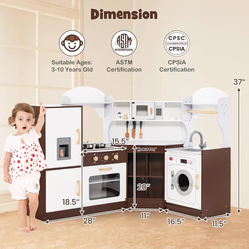 Miniatura 9 de HONEY JOY Juego de Cocina de Esquina para Niños, Cocina de Juego de Madera Definitiva para Niños Pequeños, Lavadora, Máquina de Hielo, Fregadero