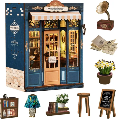 Miniatura 10 de Kit de rincón de libros en miniatura para casa de muñecas, rompecabezas de madera 3D con luz, decoración de estantería de casa pequeña, construcción