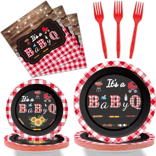 Tevxj 96 piezas de platos de ducha de bebé para barbacoa, servilletas BabyQ Party Vajilla It's A Baby Q, platos de papel desechables, servilletas de