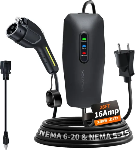Miniatura 13 de Cargador de vehículo eléctrico de nivel 1/2, 16 amperios y 3.5 kW, cargador portátil con cable de 20 pies, estación de carga doméstica, con enchufe