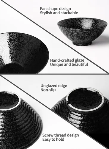 Miniatura 3 de Kanwone Juego de cuencos de cerámica japoneses para ramen, cuencos de sopa de fideos, 37 onzas, con cucharas y palillos a juego para fideos Negro