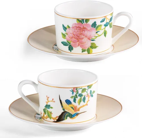 KAMMAK Juego de 2 tazas de té y platillos, tazas de café de porcelana fina, tazas de café expreso apilables, demitasse de cerámica para café,