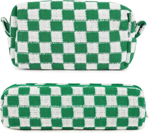 Aucuu 2 bolsas de maquillaje a cuadros, bolsa de aseo portátil de viaje con cremallera, bolsa de maquillaje, bolsa de almacenamiento de cosméticos