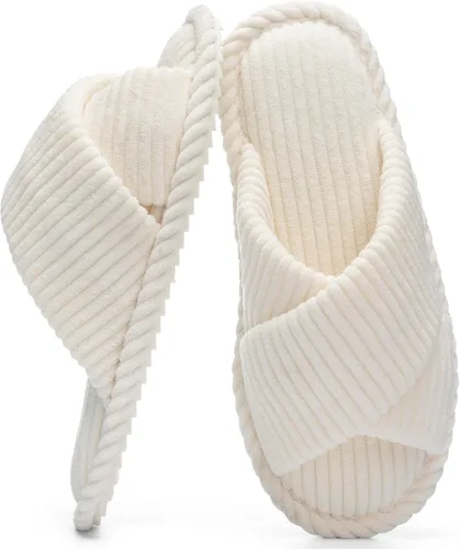 GOEWY - Pantuflas para mujer con espuma viscoelástica para el hogar, con entretejido de pana, tiras cruzadas, con punta abierta, sandalias cómodas y
