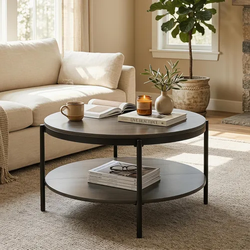 Miniatura 11 de Manora Mesa auxiliar redonda pequeña para sala de estar, mesa central moderna con almacenamiento de cesta de tela, bonita mesa circular