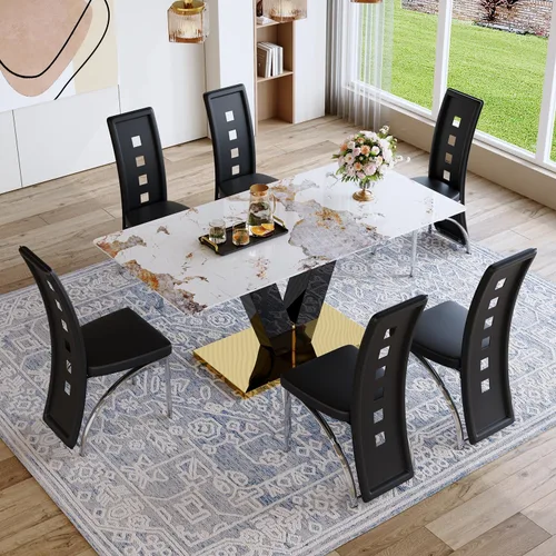 Miniatura 24 de Juego de mesa de comedor de 71 pulgadas para 6, moderno juego de mesa de comedor para 6, mesa de comedor de mármol con 6 sillas de comedor de piel