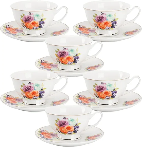 Miniatura 8 de BTaT - Juego de tazas de té y platillos florales, 8 onzas, juego de tazas de té de porcelana fina con ribete dorado para té de la tarde, bodas