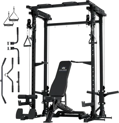 Miniatura 20 de MAJOR FITNESS Drone3 Power Rack, banco de sentadillas para gimnasio en casa de 2500lbs multifunción con sistema de polea doble, barra de tracción