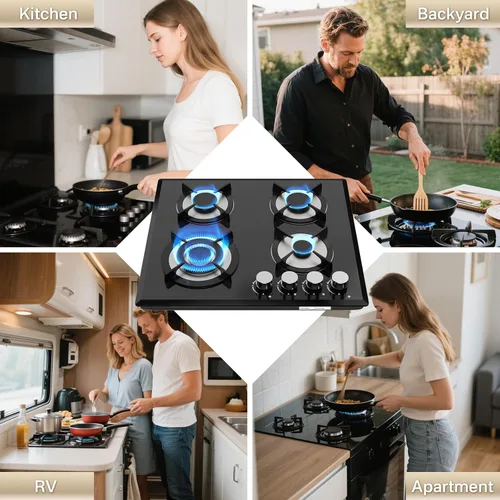 Miniatura 7 de Alemania Placa de cocina de gas de 4 quemadores de 24 pulgadas, estufa de propano integrada con conversión de NG/LPG, placa de vidrio negro