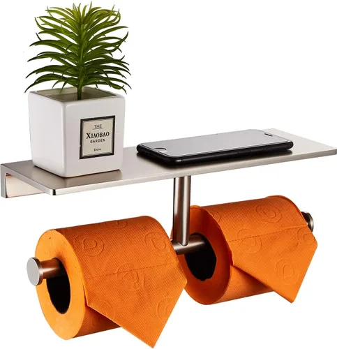 Miniatura 2 de Soporte de papel higiénico de doble rollo con estante de latón macizo y dispensador de pañuelos de estilo hotelero superior, almacenamiento