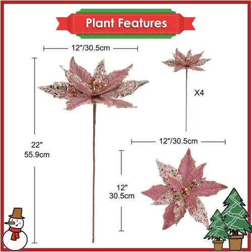 Miniatura 2 de Briful Flores de Pascua con Purpurina Navideñas de Cabezas Grandes de 12 Pulgadas Adornos para Árbol de Navidad Juego de 4 Flores Artificiales
