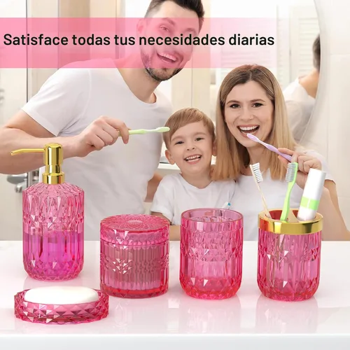 Miniatura 2 de Juego de accesorios de baño rosa intenso de vidrio 5 piezas, juego de baño rosa intenso, juego de dispensador de jabón y soporte para cepillo