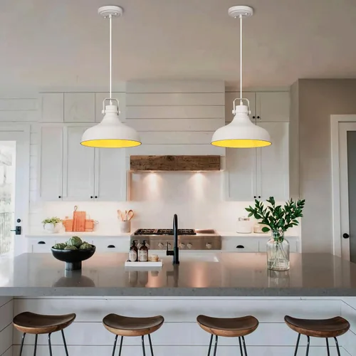 Miniatura 9 de Luces colgantes blancas de granja, iluminación colgante mate para isla de cocina, industrial de altura ajustable, vintage, cúpula colgante