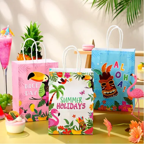 Miniatura 3 de Outus 24 Piezas Bolsas de Favor de Fiesta Hawaiana de Verano Bolsas de Papel de Regalo Tropical Goodie con Asas Aloha Tiki Luau Hojas de Palma