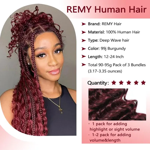 Miniatura 3 de Paquete de cabello humano virgen brasileño de 12 pulgadas, color borgoña 99j, extensiones de cabello humano virgen brasileño para mujeres