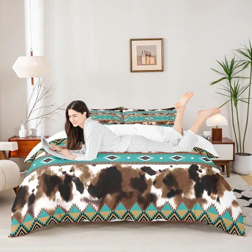 Juego de ropa de cama de piel de vaca, funda de edredón con estampado de vaca de las tierras altas, tamaño individual, funda de edredón tribal