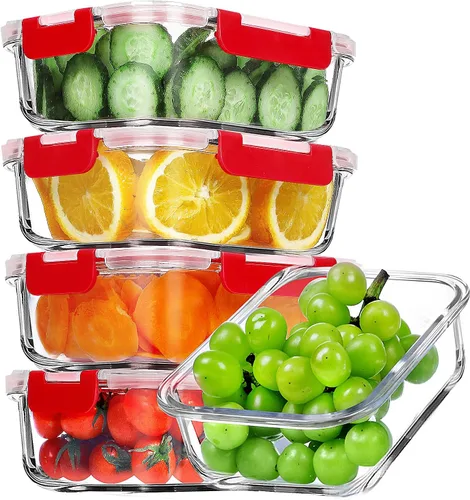 Miniatura 9 de VERONES Paquete de 5 contenedores de 36 onzas de vidrio para preparar comidas, juego de contenedores de vidrio herméticos para almuerzo