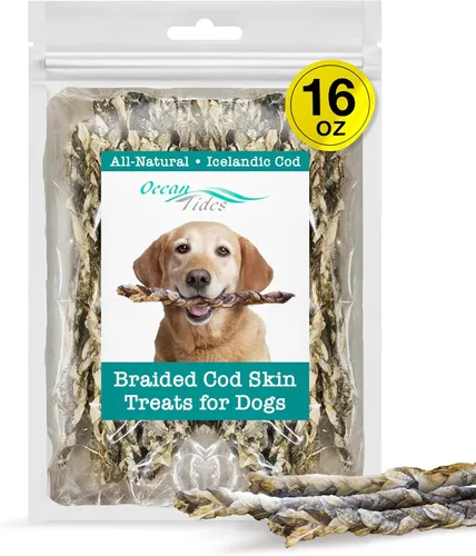 Miniatura 7 de Ocean Tides Pieles trenzadas de bacalao islandés de 8 onzas para perros y gatos – Un solo ingrediente, piel de pescado capturada en la naturaleza
