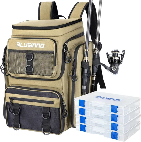 Miniatura 10 de PLUSINNO Mochila de aparejos de pesca con soportes para cañas, 42L resistente al agua bolsa de pesca tienda equipo de pesca, regalos de pescador