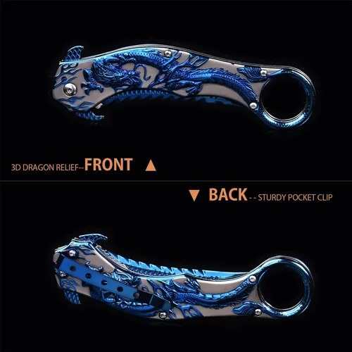 Miniatura 6 de Vividstill Cuchillo de bolsillo para hombres, cuchillo plegable genial con relieve de dragón azul en 3D, gran regalo de cuchillo EDC para hombres