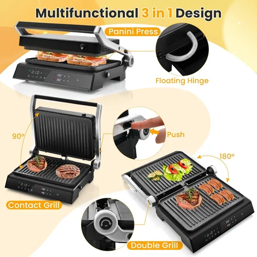 Miniatura 3 de COSTWAY Parrilla eléctrica de prensa Panini, sandwichera gourmet de 1200 W con platos antiadherentes de doble cara y bandeja de goteo extraíble