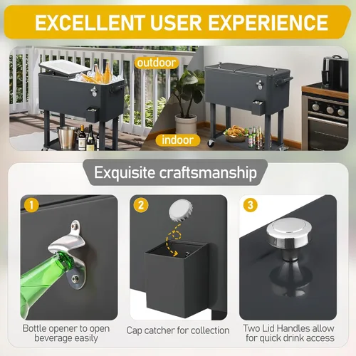 Miniatura 3 de Outvita Hielera Rodante de 80 Cuartos, Enfriador Portátil de Bebidas para Bar con Bandeja Colectora, Bandeja de Almacenamiento Inferior y Gris-oscuro