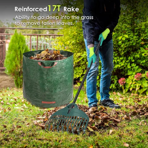 Miniatura 7 de ORIENTOOLS Juego de Rastrillo de Jardín de Fila Doble con 17 Dientes y Rastrillo de Mano de 9 Dientes para Hojas, Contenedor de 272L para Hojas