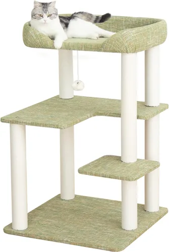 Miniatura 15 de Árbol para gatos para gatos grandes, torre moderna amigable para gatos mayores con estantes anchos, postes rascadores de algodón, base súper