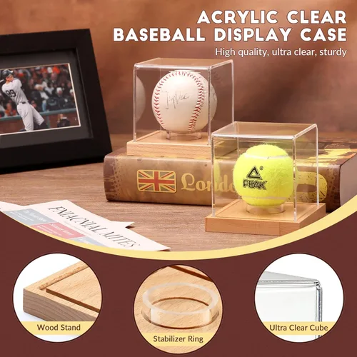 Miniatura 3 de Estuche de exhibición de béisbol, soporte de béisbol transparente con base de madera, caja de soporte de béisbol con autógrafo para pelota